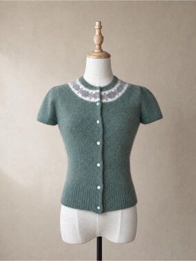 Ralph Lauren Blue Label c. 1990s Angora Fair Isle Cardigan Sweater Celadon | S